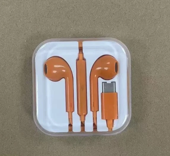 Orange Type-C Wired Earphone with Mic in-Ear Type C Earbuds for iPhone Android Mobile Phone