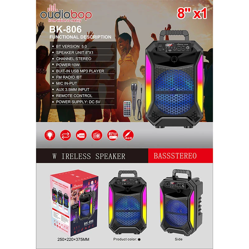 Oudiobop Bk-806 Multi Playback Portable Bluetooth Karaoke Speaker Supports Tws Wireless Stereo