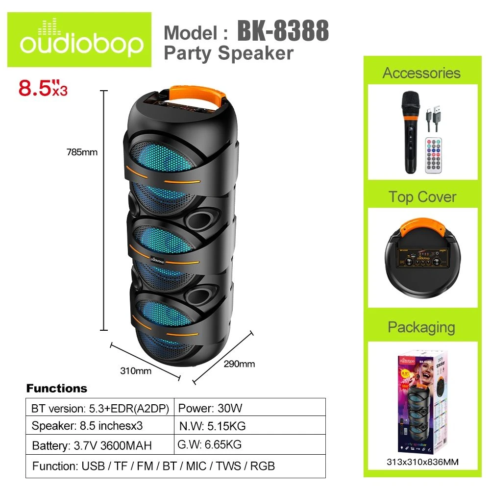 Oudiobop Bk-8388 25W Portable Bluetooth Party Speaker with LED Lights USB TF FM Tws and Wireless Microphone
