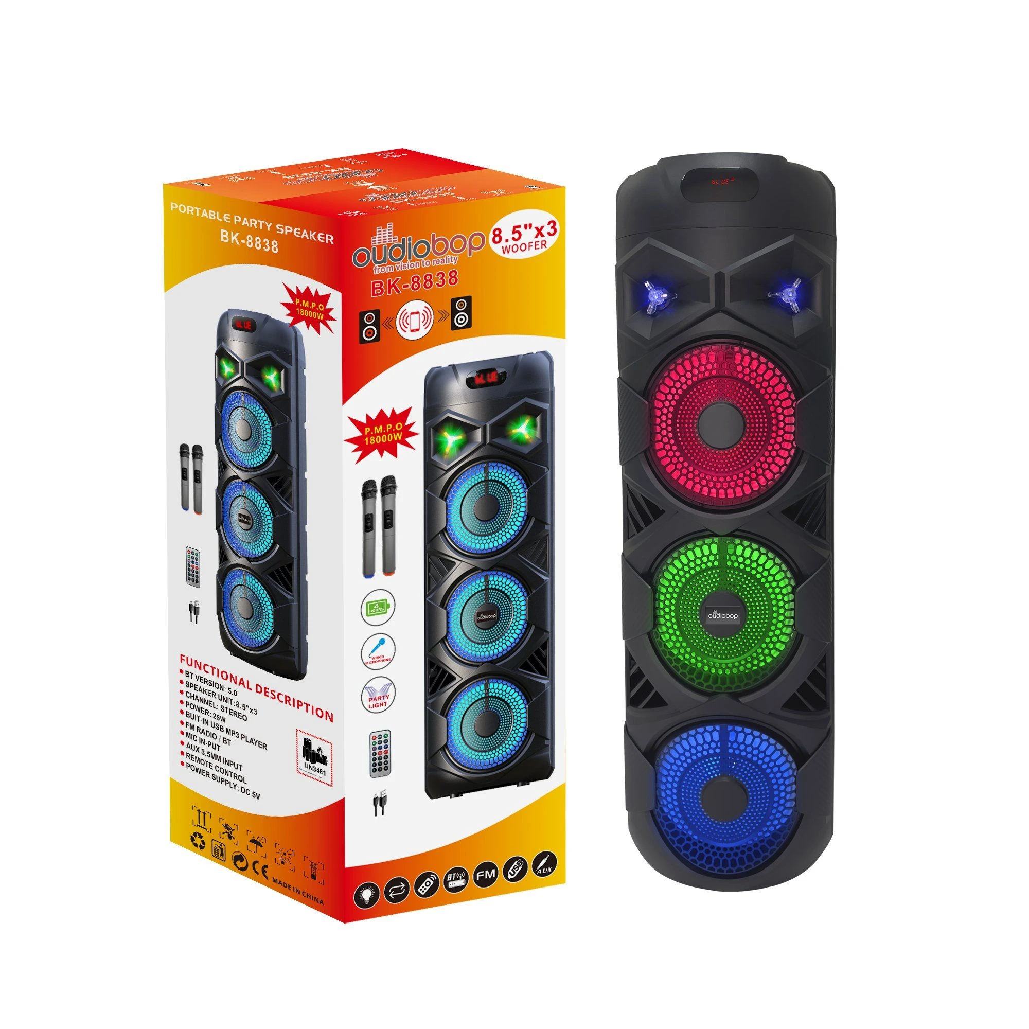 Oudiobop Bk-8838 25W Triple 8-Inch Portable Bluetooth PA Speaker