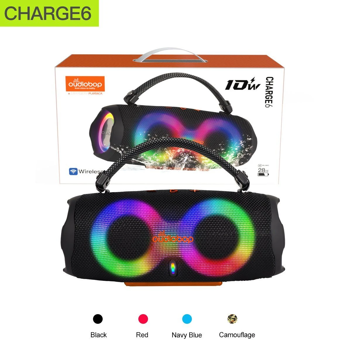 Oudiobop Charge6 10W Portable Bluetooth Speaker, Ipx Waterproof, FM Radio & RGB Light Show