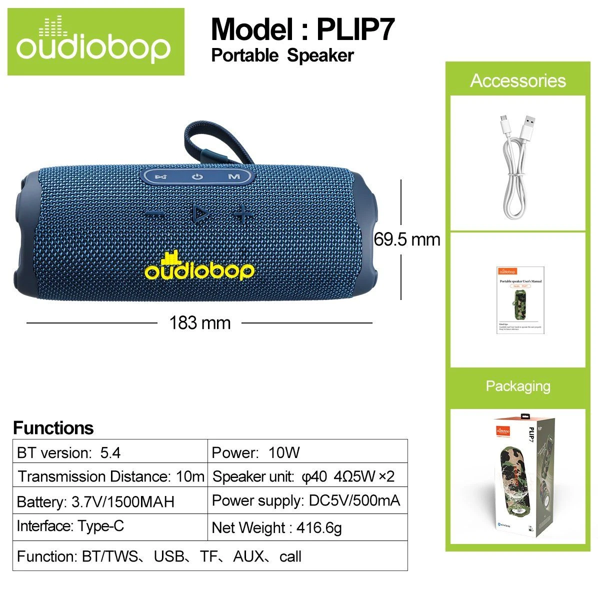 Oudiobop Plip7 10W Portable Bluetooth Speaker
