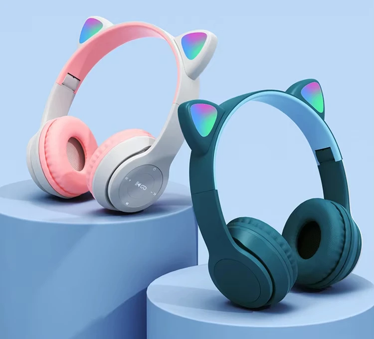 P47m LED Light Cute Cat Ear Headphones Gaming Bluetooth 5.0 Wireless Headset Gamer HiFi Sport Earphones Wireless Earbuds