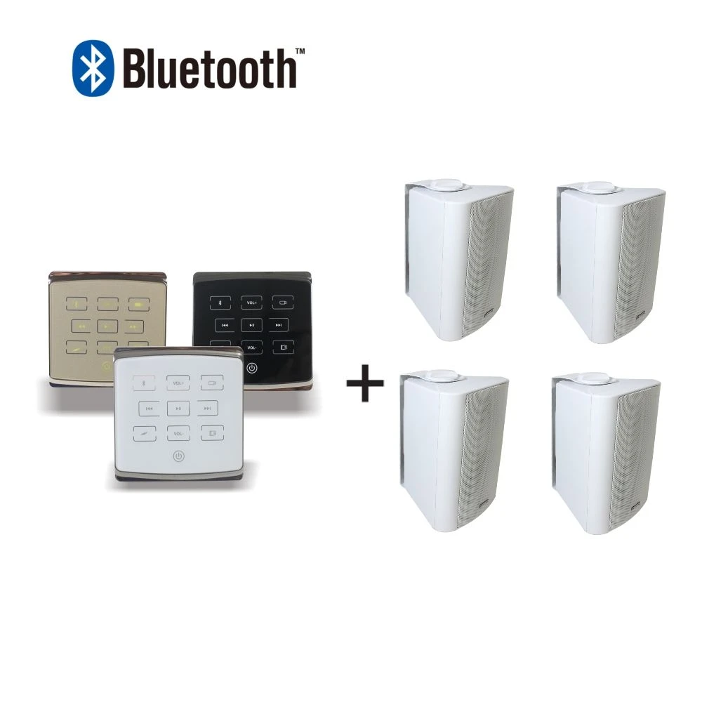 PA Home Audio Background Music System 4 Channel 25W Bluetooth/USB in Wall Mounted Amplifier with 4 PCS 4” Wall Mounted Speakers and Remote Control