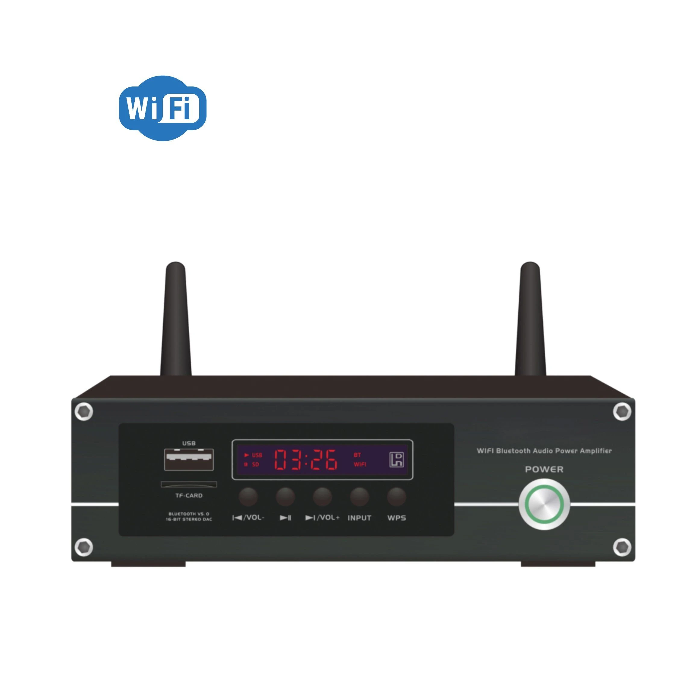 PA System Compact Mini 2 Channel 2X60W Audio Mixer Power Amplifier with WiFi, Bluetooth, USB, Micro SD and Aux Inputs