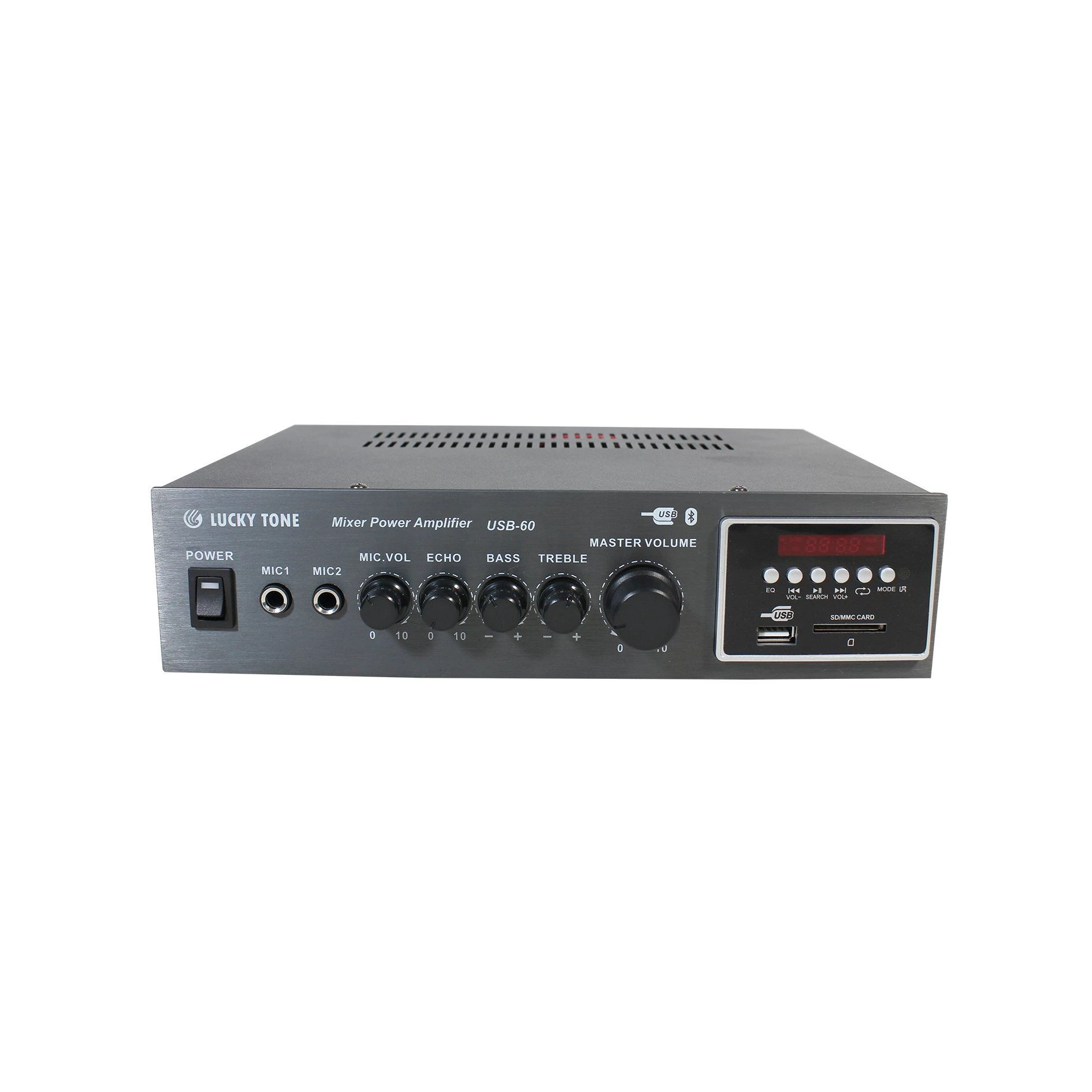 PA System Desktop Mini 100V 60W Mixer Power Amplifier with Bluetooth, Aux, USB, MP3, Mic1 and Mic2 Inputs