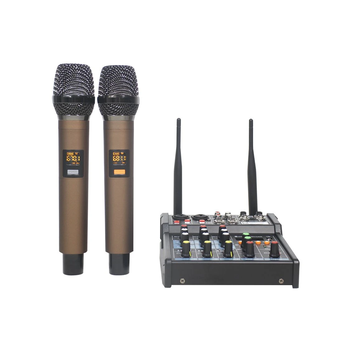 PRO Audio 4 Channels Digital Powered Audio Mixer 2*60W at 4 Ohm with 2 Wireless Hand-Held Microphone