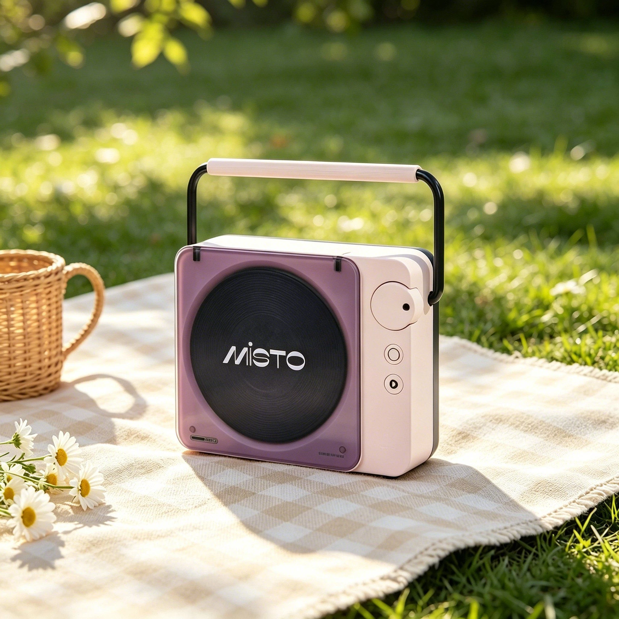 Peach Pink Rotating Vinyl Bluetooth Speaker for Nightstand Use