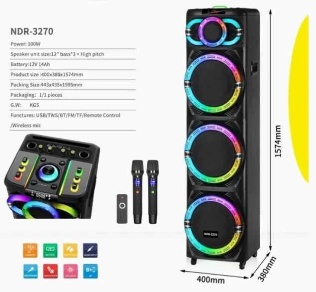 Portabe Wireless Micphone Builtin Battery Party 12´´ Triple LED Light Effect Ndr-3270 Speaker
