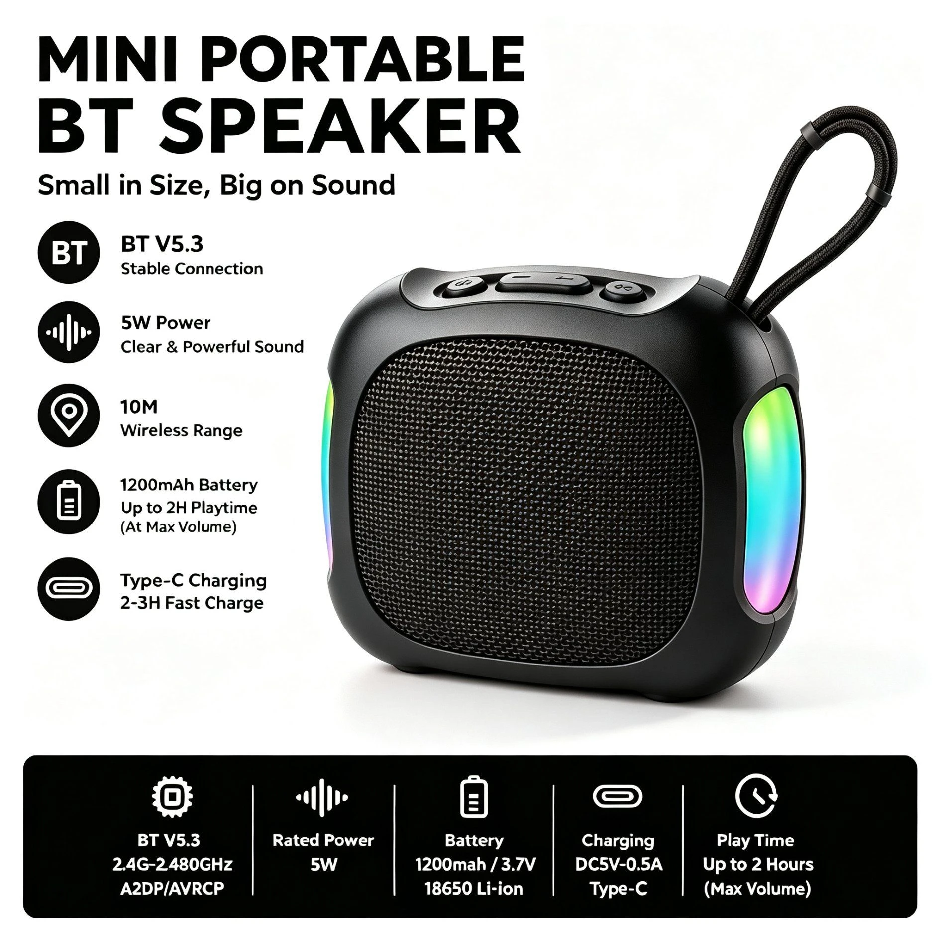 Portable Mini Bluetooth Speaker with RGB LED Light Wireless Waterproof Speaker, HiFi Stereo Sound Tws Pairing, Long Battery Life