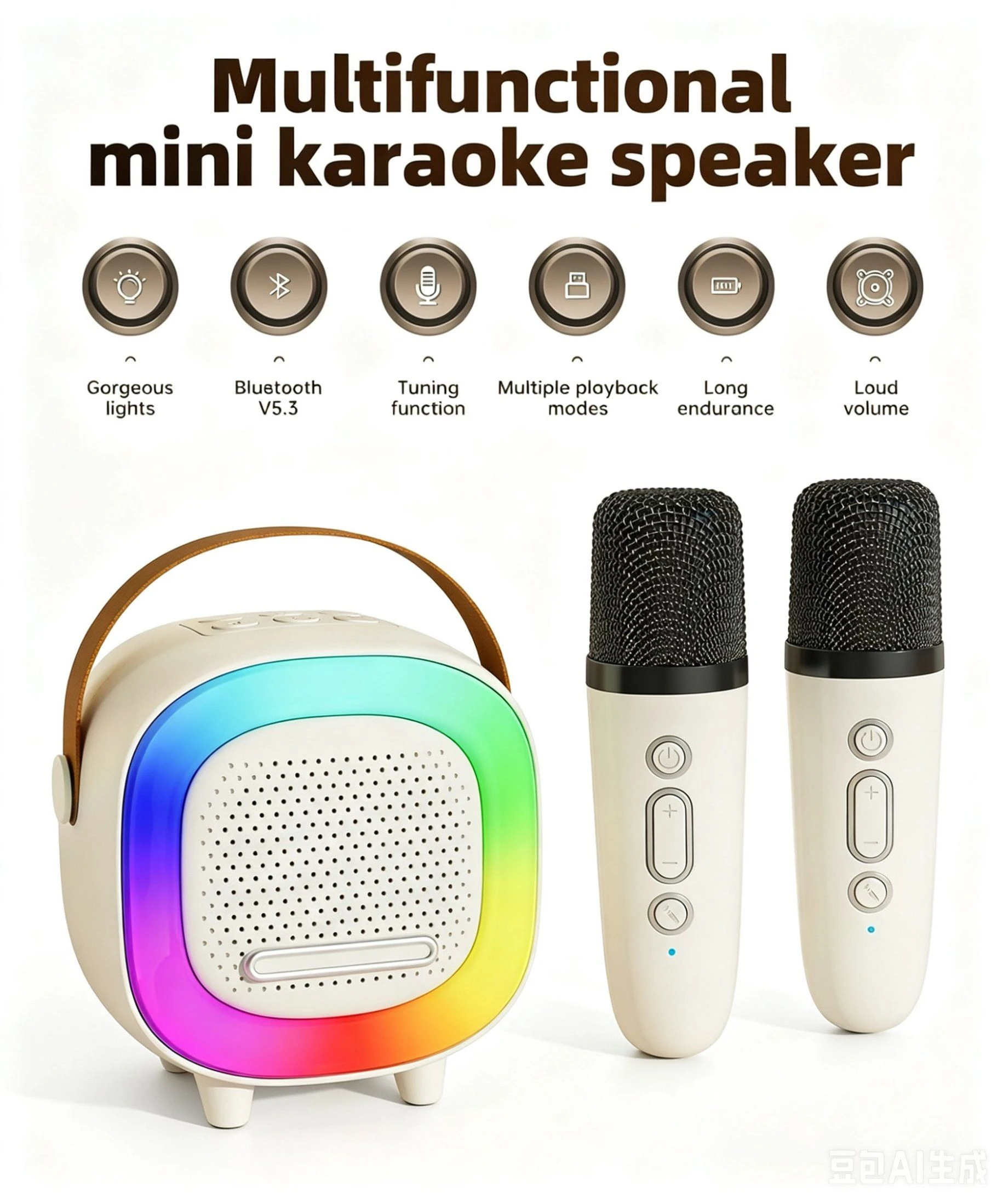 Portable Mini Karaoke Bluetooth Speaker with 2 Wireless Microphones & RGB Light