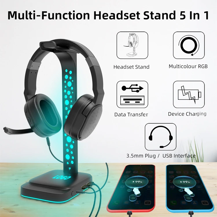 Portable Universal Headset Stand Holder Headphone Desk Stand with RGB LED Night Light for Computer Gaming