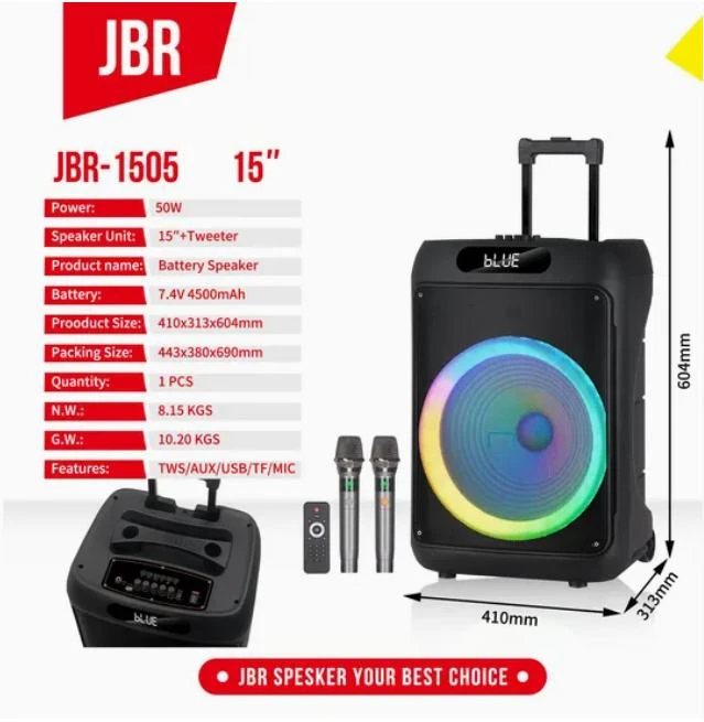Portable Wireless Bluetooth Rechargeable DJ Karaoke Audio Portable Speaker Jbr-1505 Karaoke