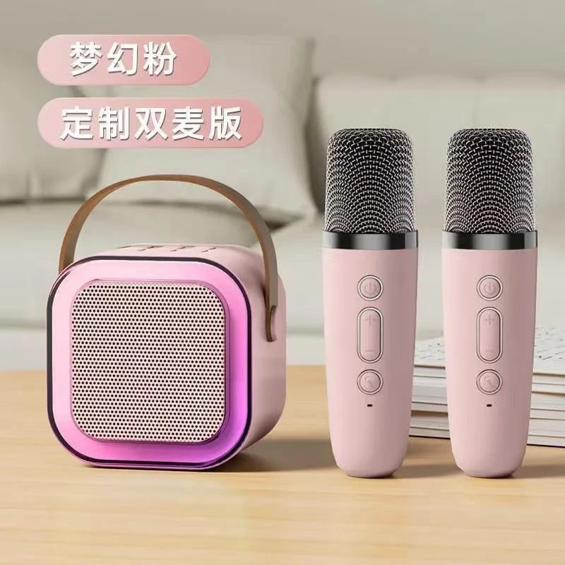 Portable Wireless Speaker LED Light K12 Audio Microphone Karaoke Speaker Bluetooth Line Array Sound Speaker with Two Wireless Microphone Stereo Speaker
