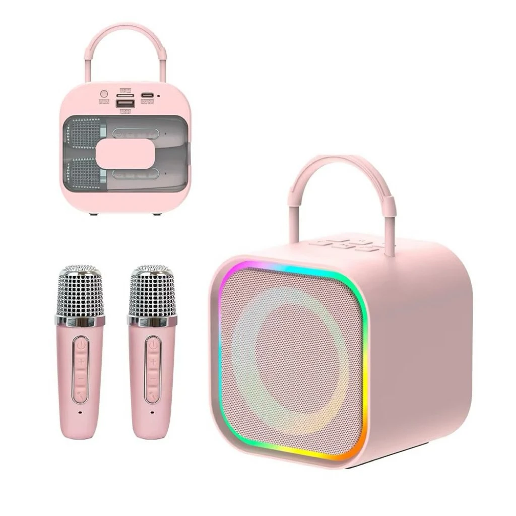 Portable Wireless Speaker LED Light K12 Audio Microphone Karaoke Speaker Bluetooth Line Array Sound Speaker with Two Wireless Microphone Stereo Speaker