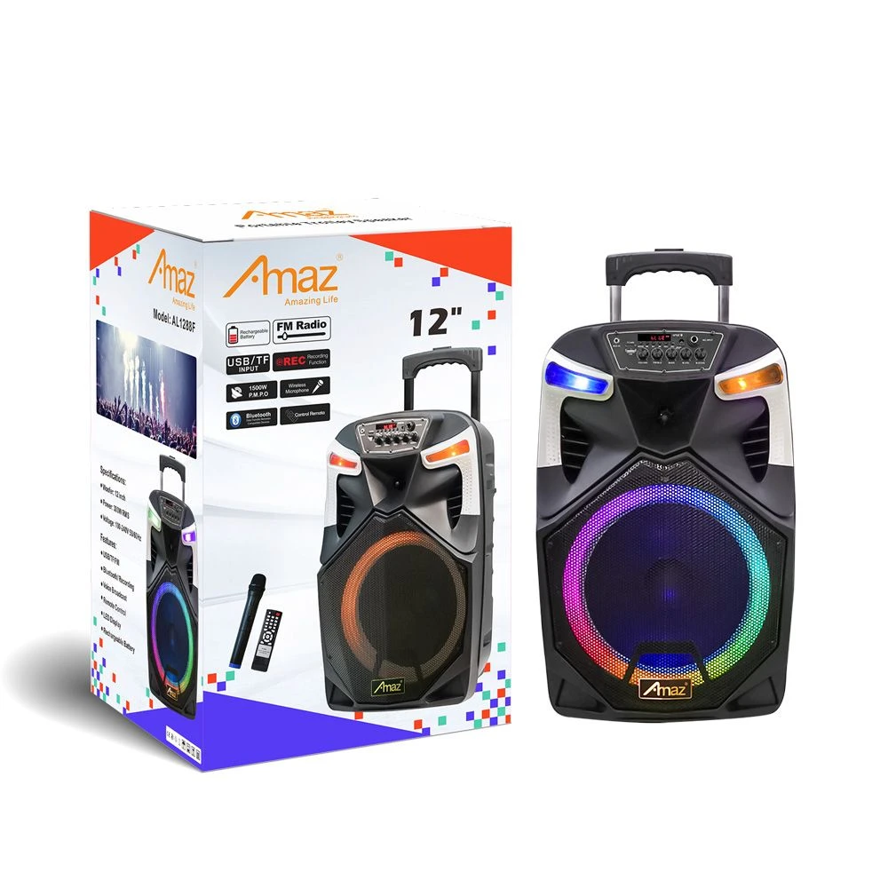 Powerful Double 12 Inch Sub-Woofers Bt Party Speaker Wireless Portable Trolley Speaker with LED Ring Light