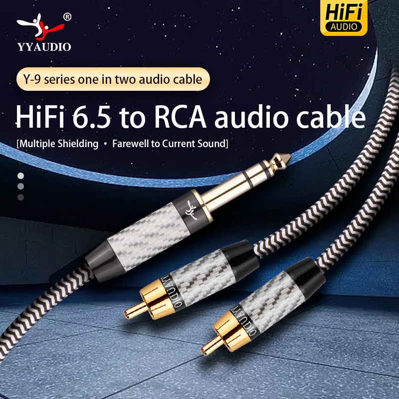 Premium 24K Gold-Plated 6.35mm to Dual RCA Interconnect Cable with Woven Shielding for Home Theater Systems & Sound Cards