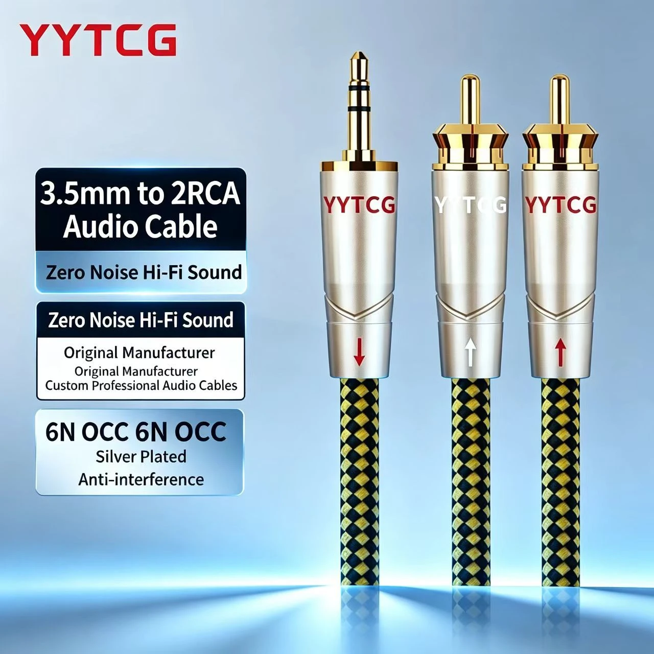Premium 6N OCC Silver-Plated 3.5mm to 2RCA Audio Cable for HiFi Amplifier and Active Speaker Connection