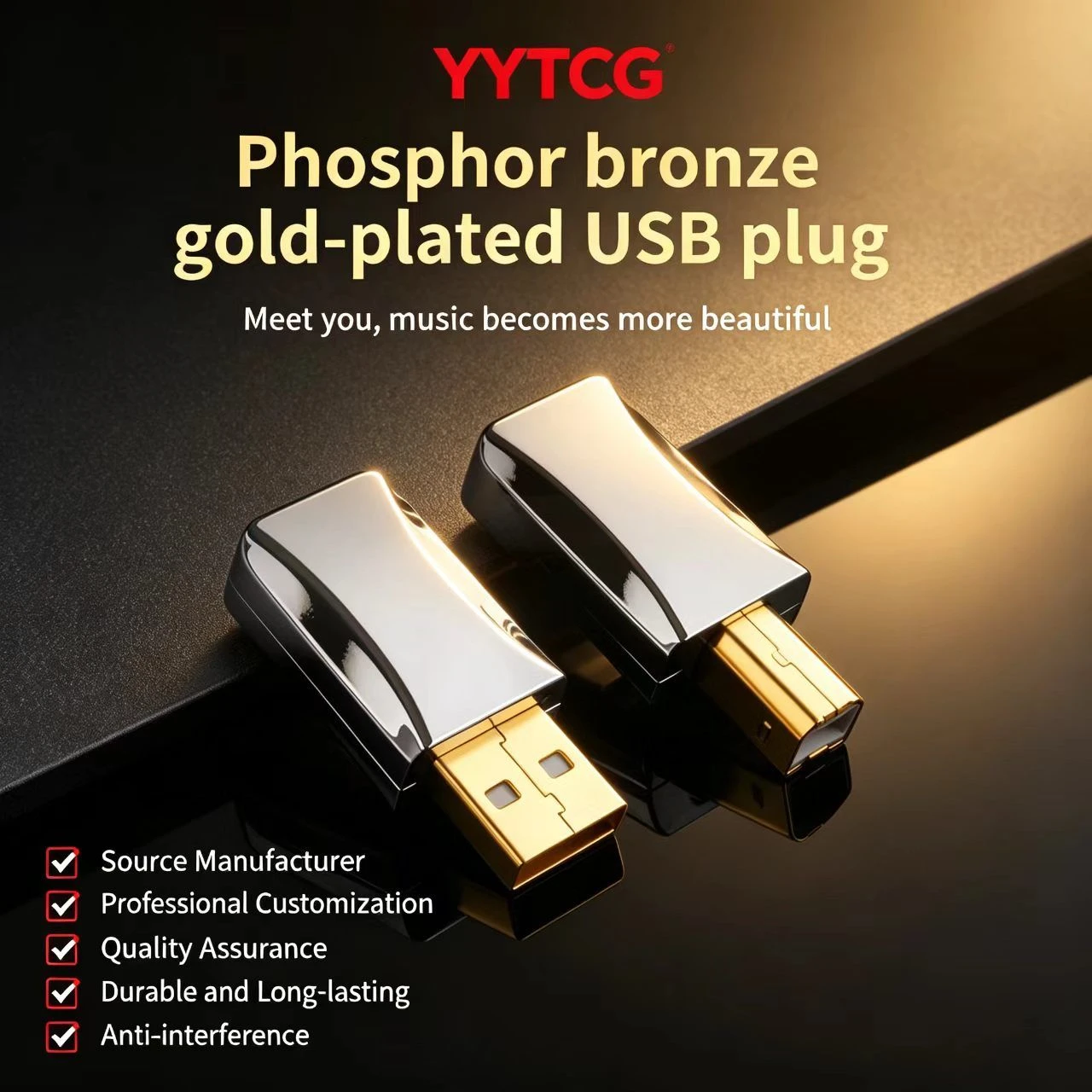 Premium Phosphor Bronze Gold Plated USB Plug for HiFi DAC and Audio Interface with Low Impedance Design