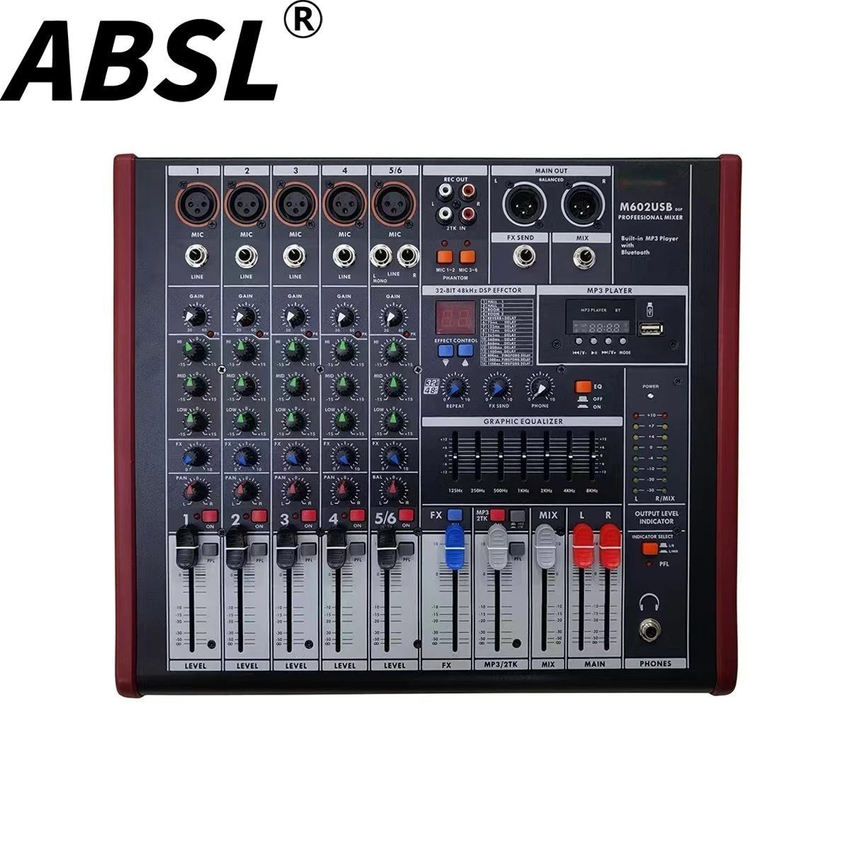Professional 6-Channel Sound Mixing Passive Stereo Audio Mixer with 16 DSP Effects