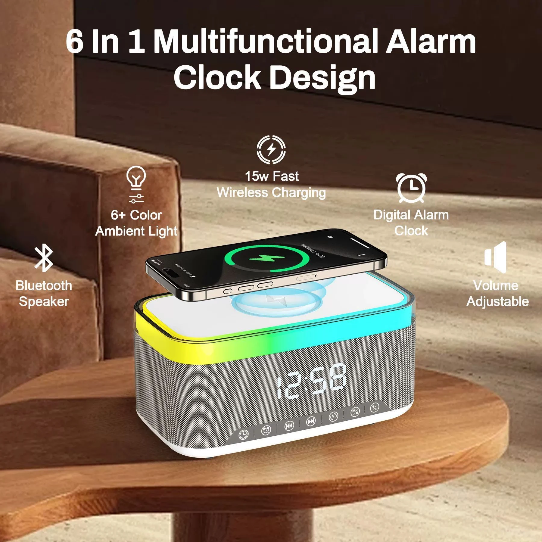 RGB Bluetooth Desktop Speaker with Wireless Charging and Alarm Feature