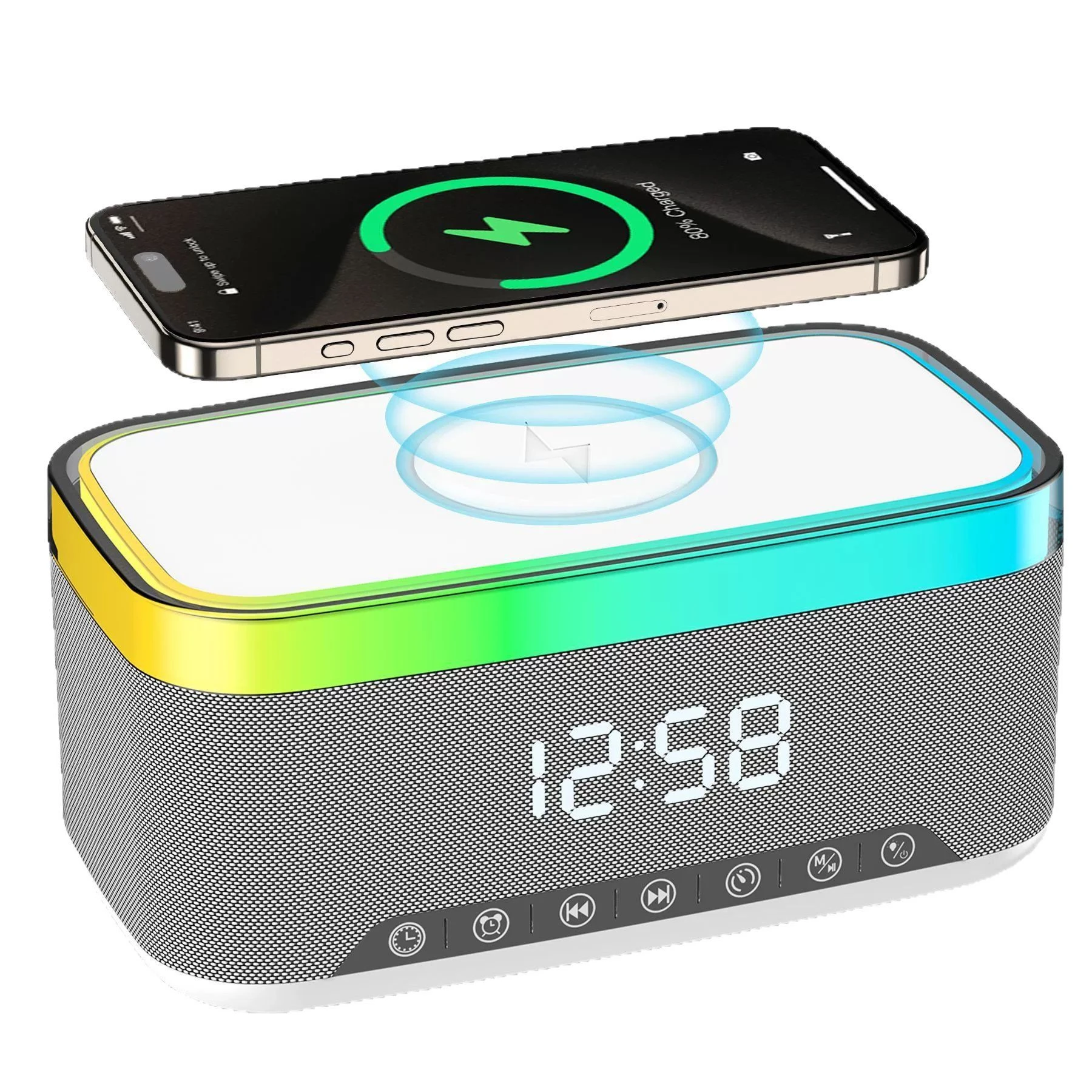 RGB Bluetooth Desktop Speaker with Wireless Charging and Alarm Functionality