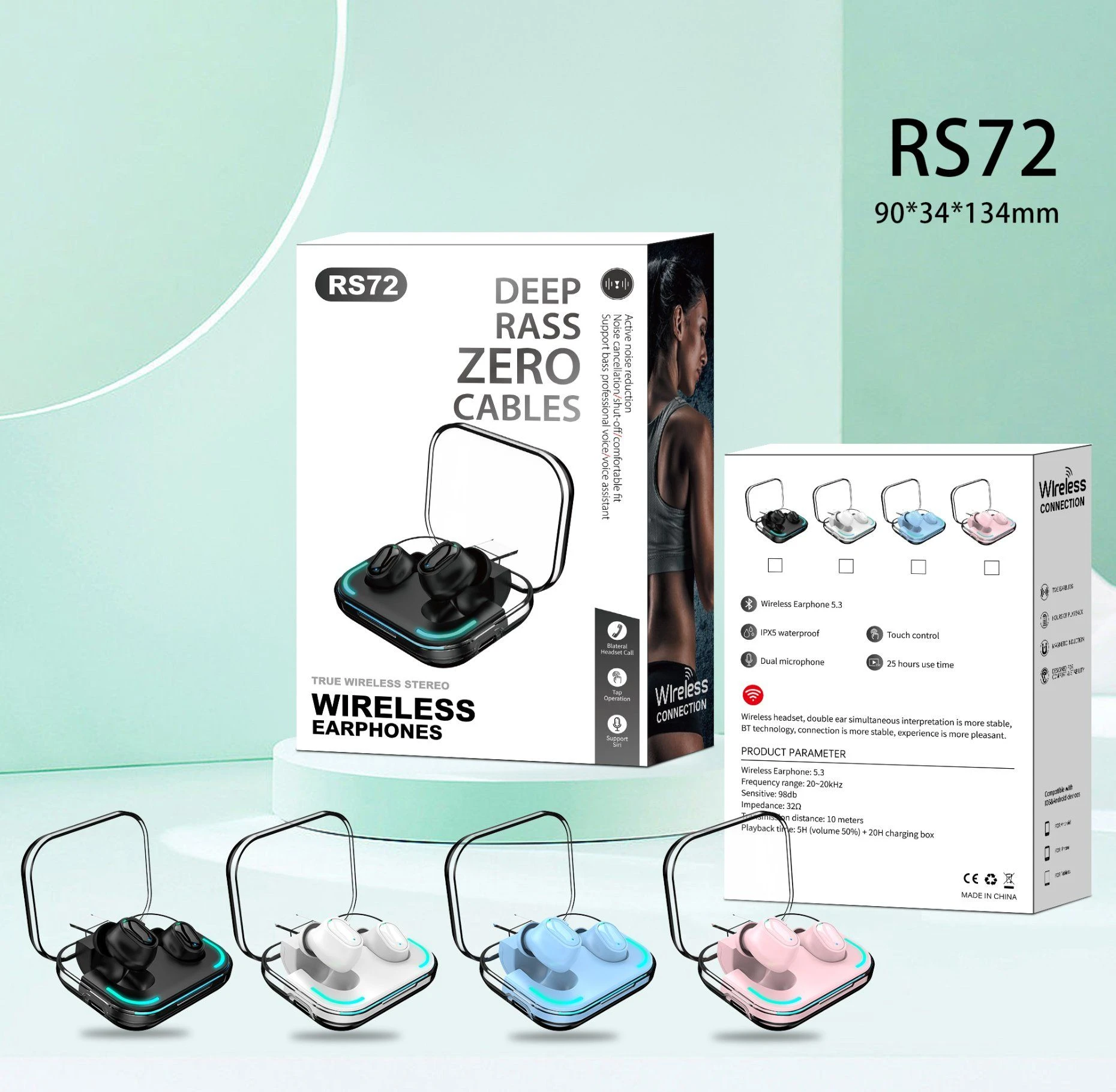 RS72 Semi in Ear Touch Control Bluetooth Earbuds Ipx4 Sports LED Headphones