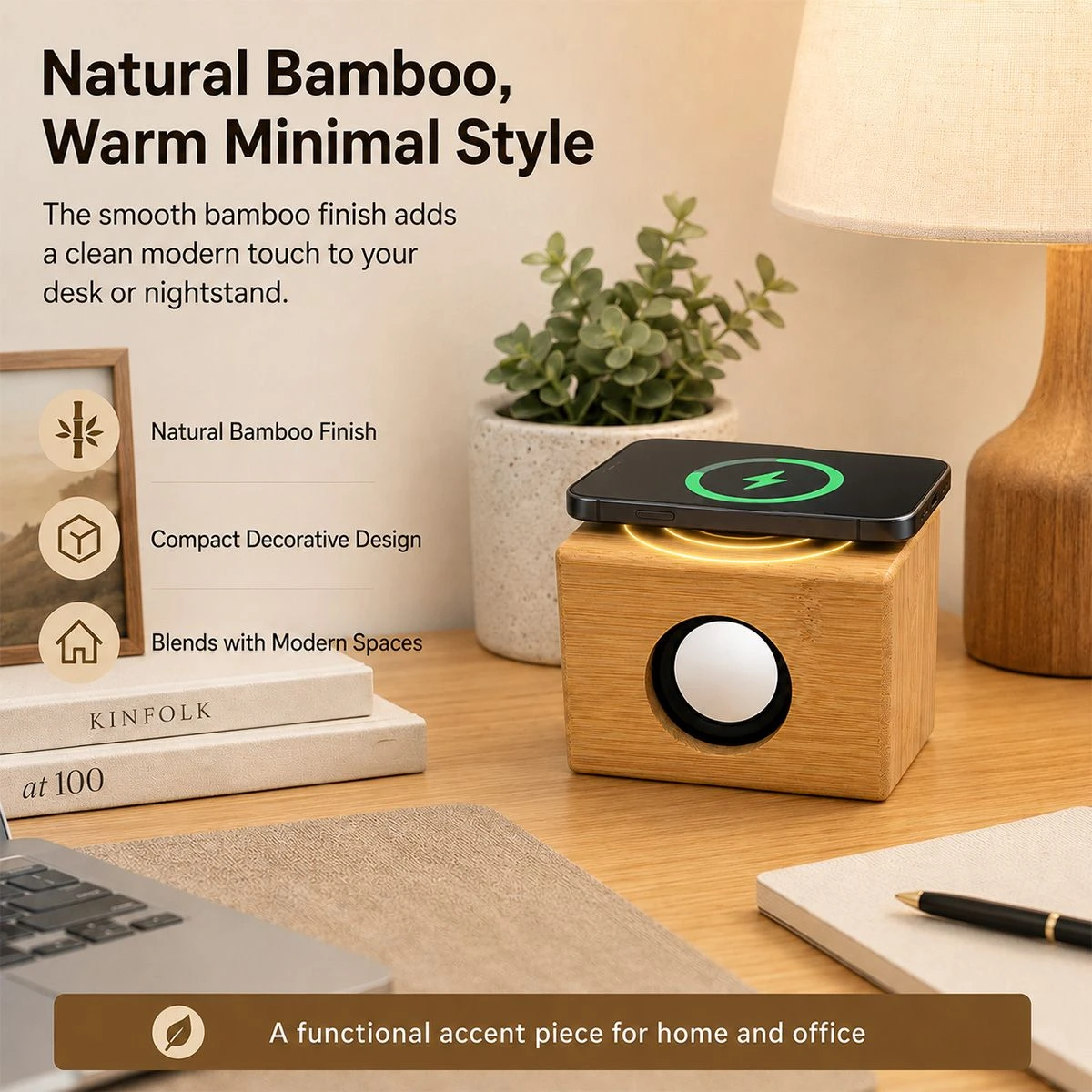 Rechargeable Desktop Speaker with Bamboo Housing for Home and Office