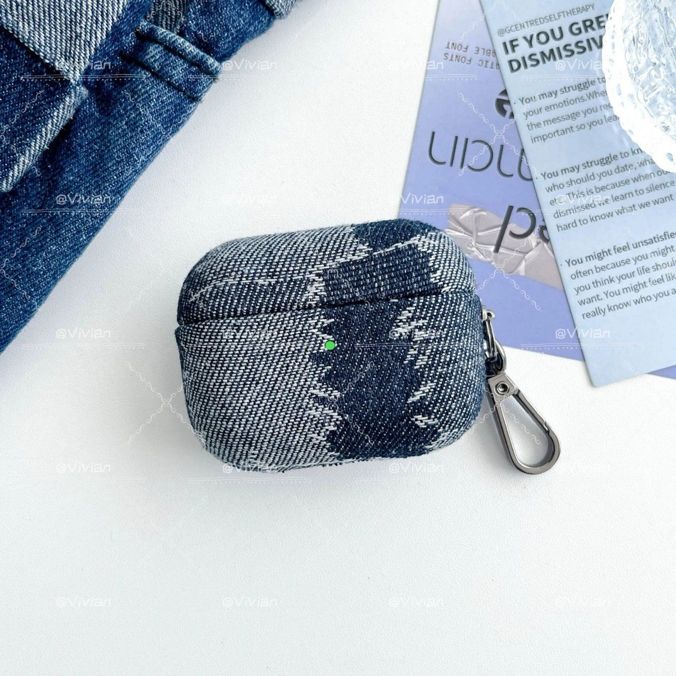 Retro Denim Earbuds Case Anti Scratch with Metal Hook for Daily Use