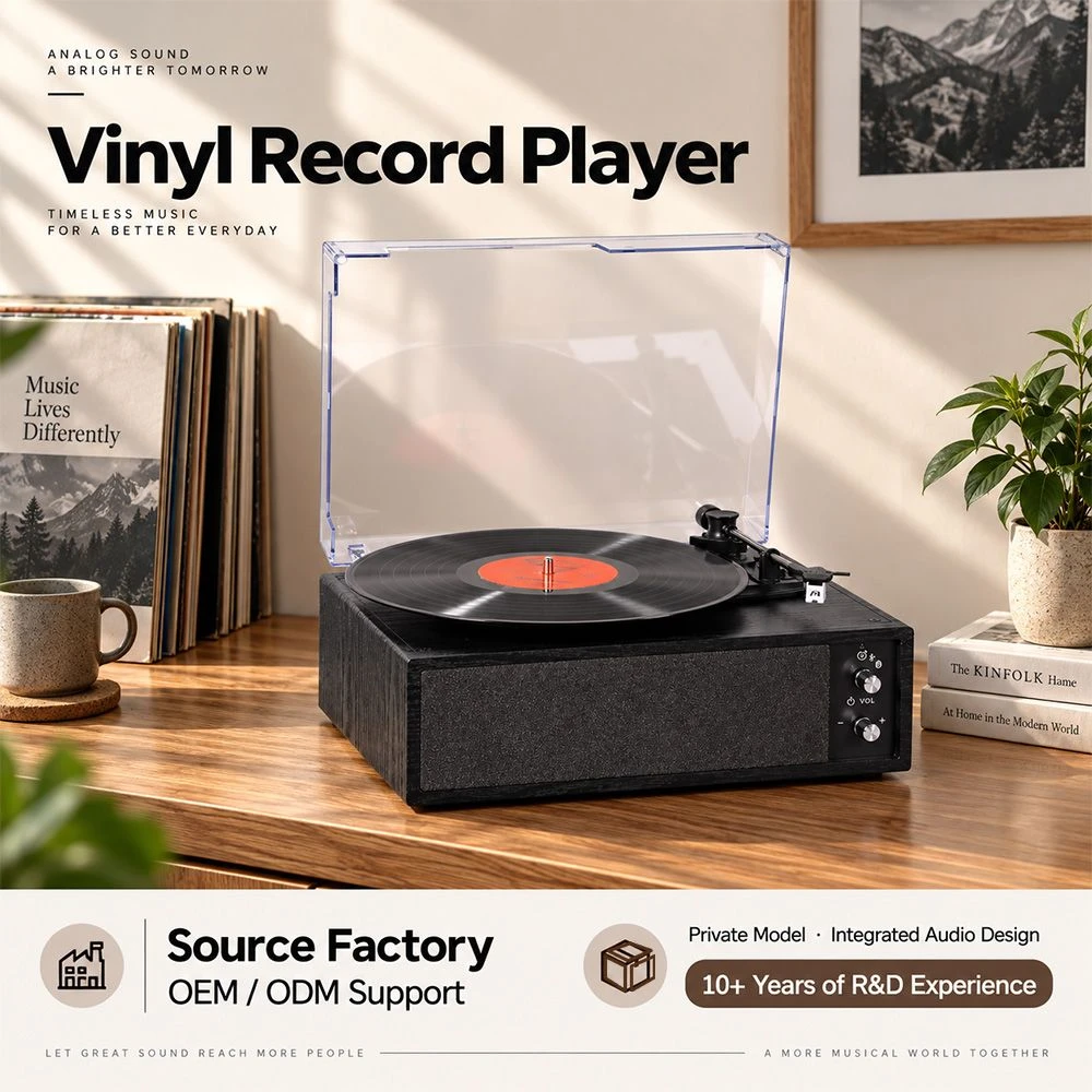 Retro Dual-Bluetooth Vinyl Record Player Built in HiFi Audio System Bt Speaker Wooden Turntable with Acrylic Dust Cover for Home Decor
