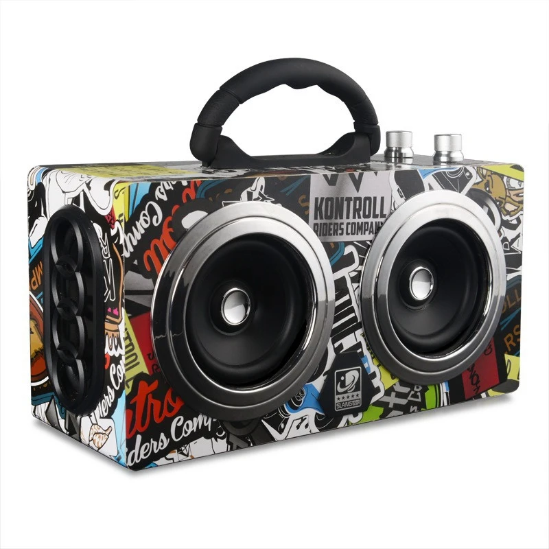 Retro Wood Portable Boombox Square Dance Outdoor 20W Graffiti Bluetooth Subwoofer Speaker