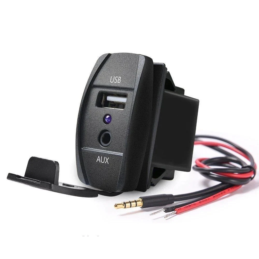 Rocker Style Car Audio Accessories Blue LED Light2.1A USB Car Charger Audio 3.5mm Jack Aux USB Socket Adapter