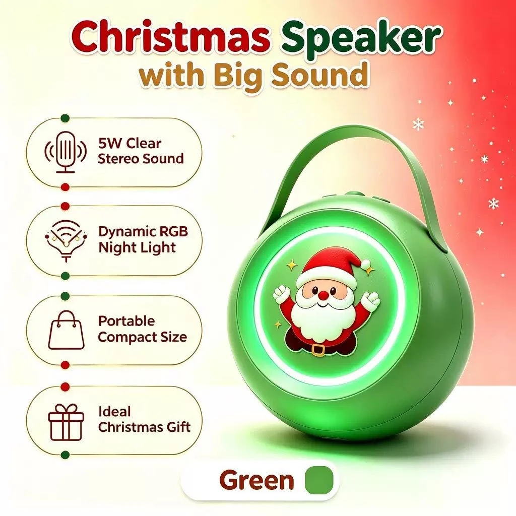 Round Carry Handle Wireless Bluetooth Speaker Bt-T33, Christmas Santa Design Speaker with Colorful LED Light, Multi Playback Modes Speaker for Christmas Promoti