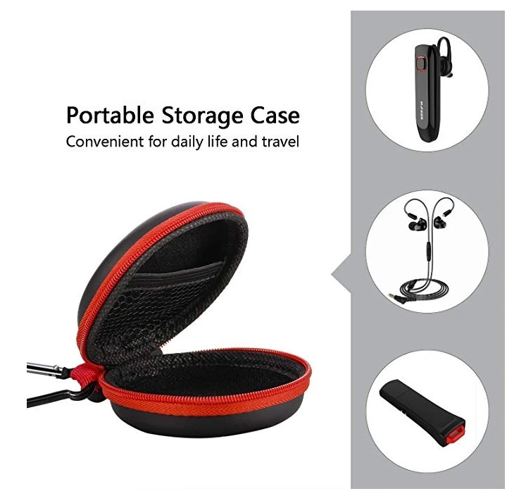 Round Shockproof Black PU Leather EVA Earphone Case with Inside Mesh Pocket
