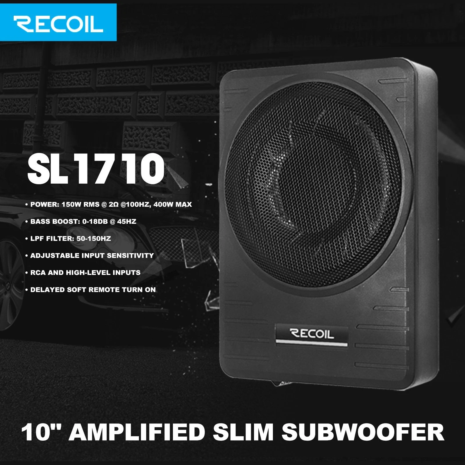 SL1710 10″ 300 Watts Max Power Underseat Slim Amplified Car Subwoofer with Remote Control and Installation Wiring Kits