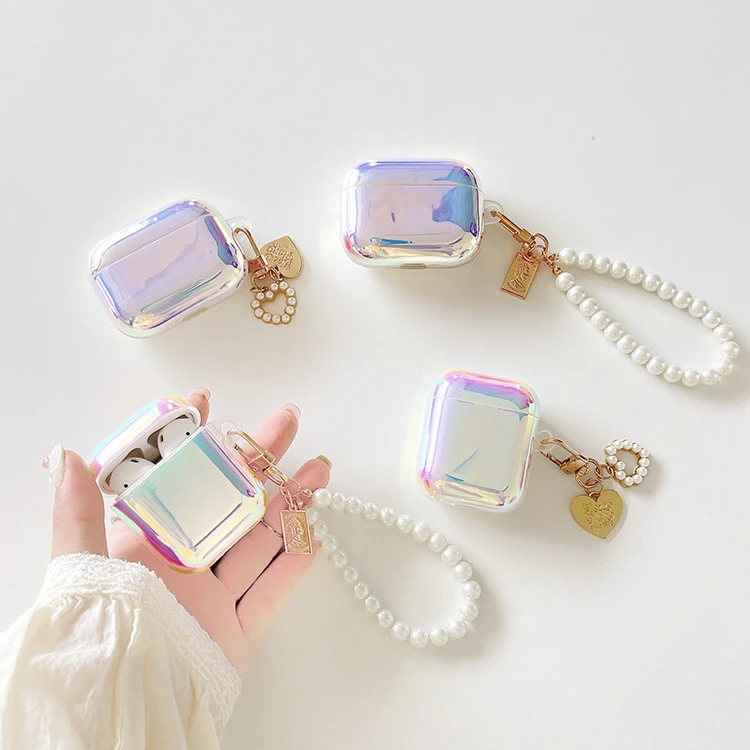 Shock-Absorbing with Keychain Pearl Pendant Colorful IMD Printing Silicone Earphones Case for Airpods PRO/Airpods 2