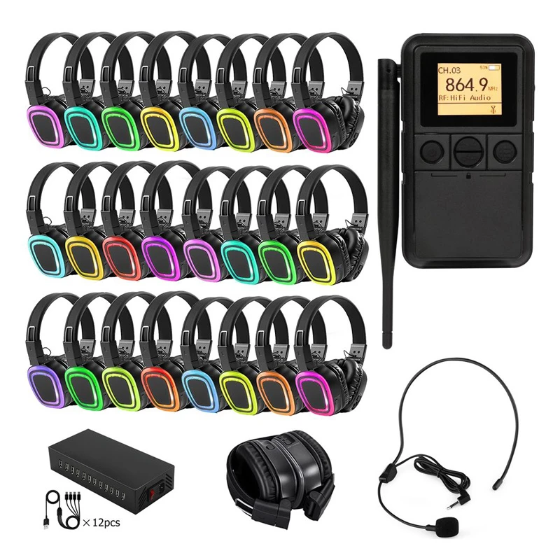 Silent Disco Wireless Headset with Portable Transmitter with Microphone for Outdoor Event Party Fitness Yoga
