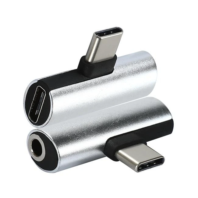 Silver T-Shape USB C to Audio and Charger Adapter