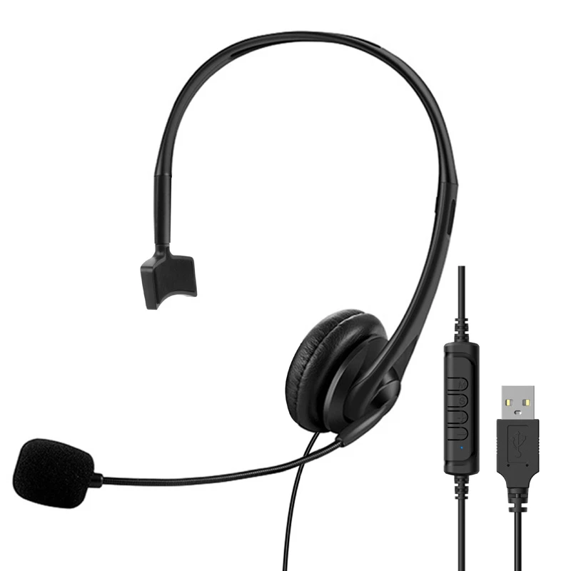 Single-Ear Call Center Customer Service USB Headset for PC, Call Noise Canceling Microphone for Video Meeting