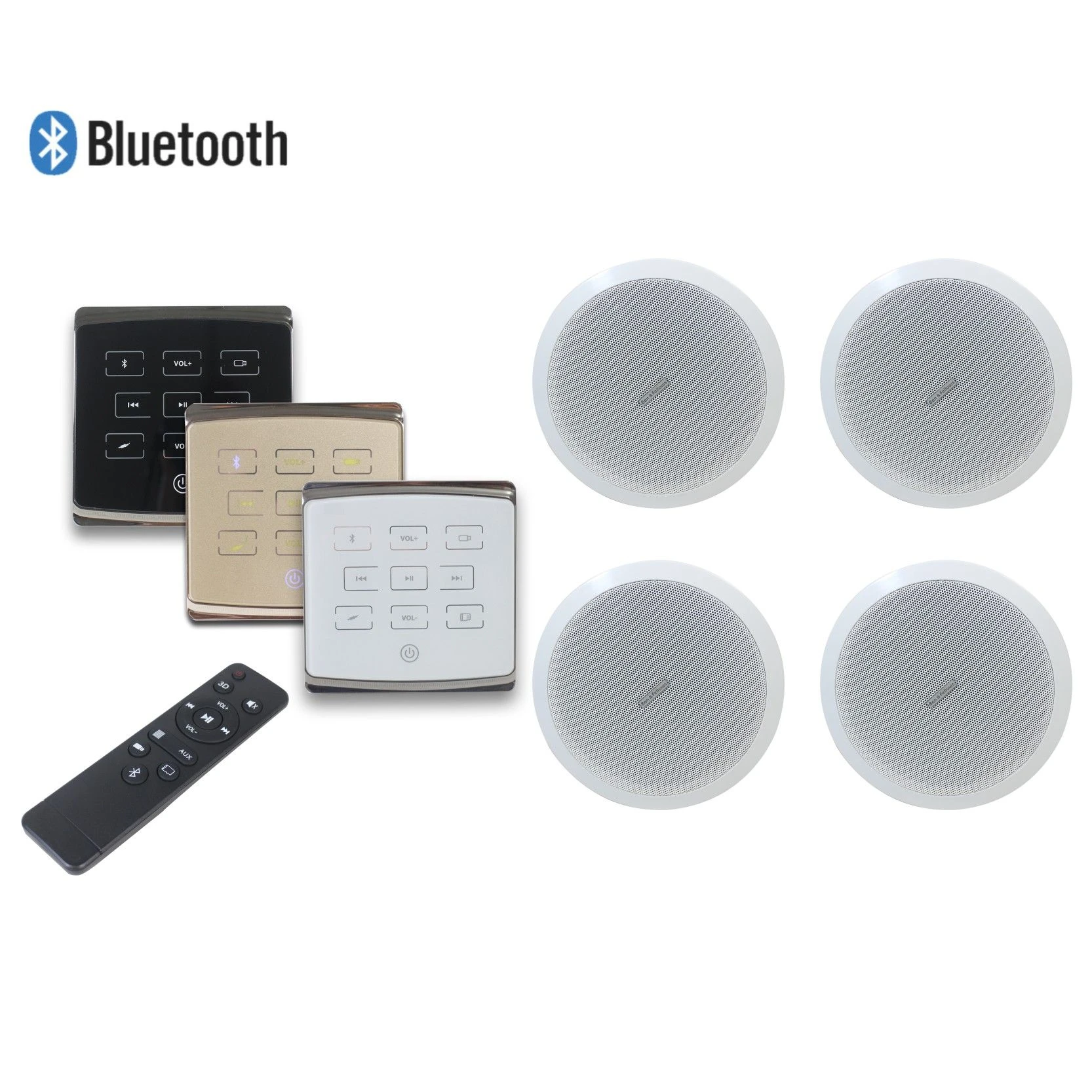 Smart Home Audio System 4X25W Wireless Wall Mounted Amplifier with Touch Key and 4 Ceiling Speakers Support USB/SD/Aux/Bluetooth