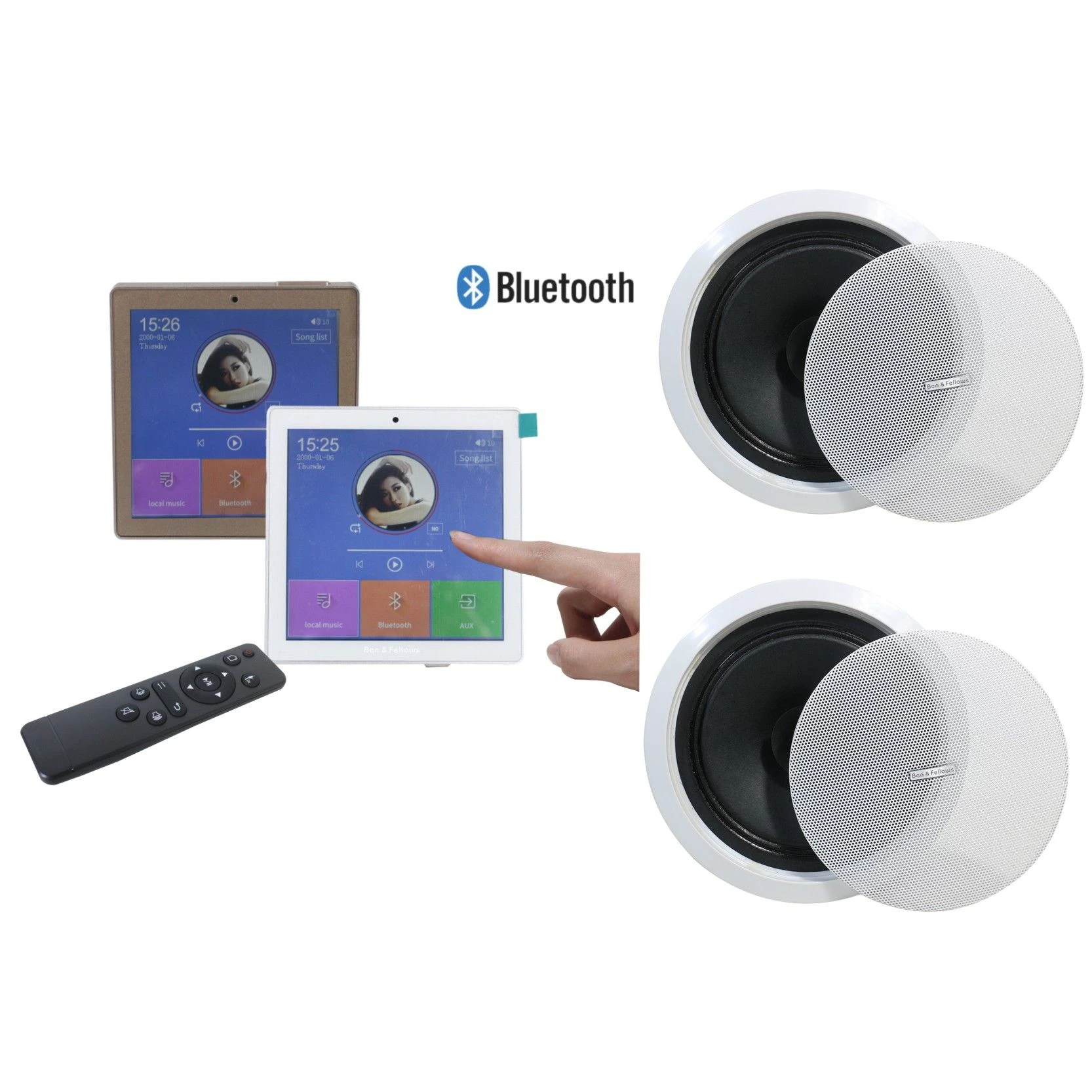 Smart Home Music 2-CH Bluetooth Wireless Touch Screen in Wall Audio Amplifier with USB, FM Radio with 2 Pieces of Ceiling Speakers