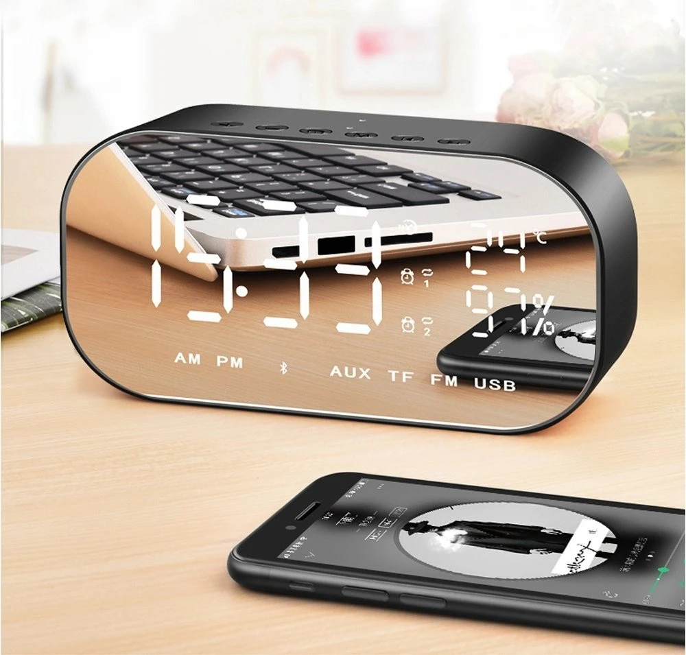 Smart LED Digital Alarm Clocks Portable Mini Speaker Mirror Surface Display Loudspeaker