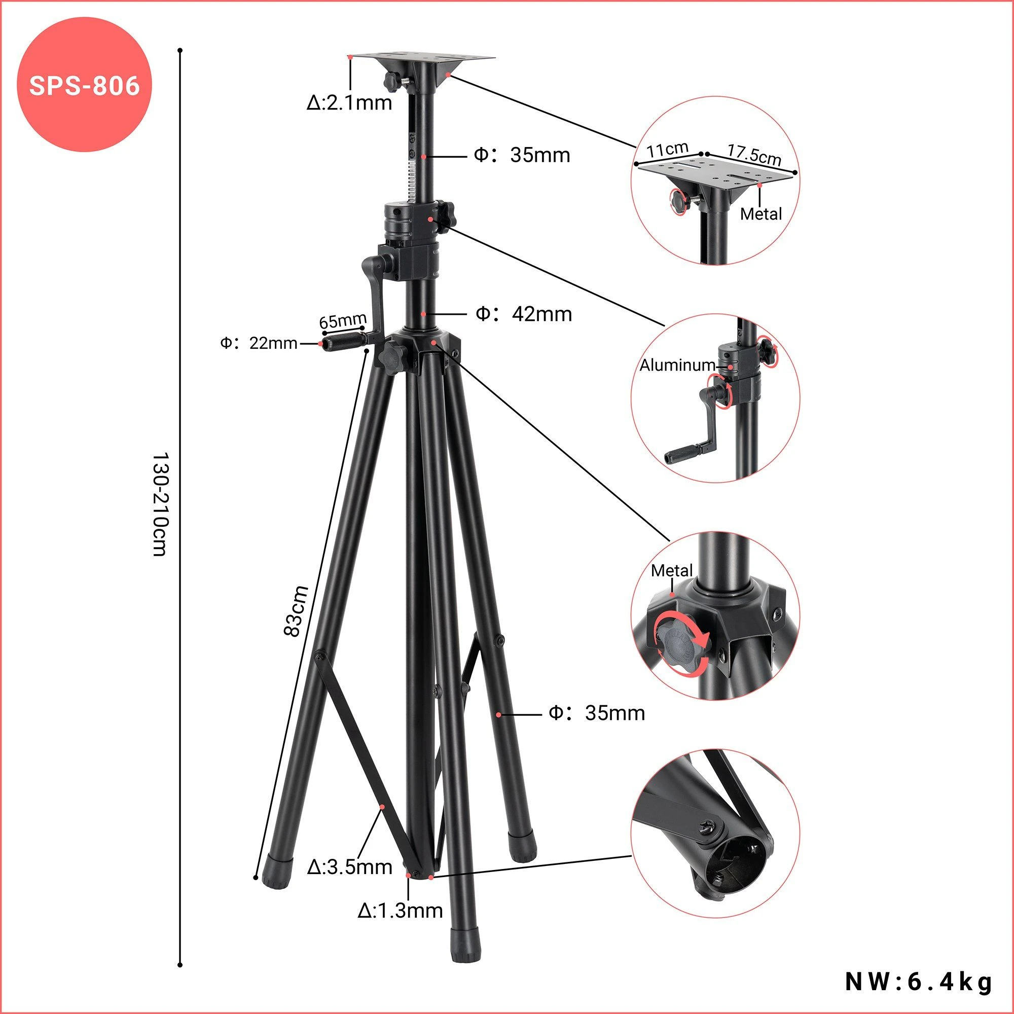 Sps-806 High Grade Audio Equipment Audio Holder Flexible Metal Tripod Stand for Speaker