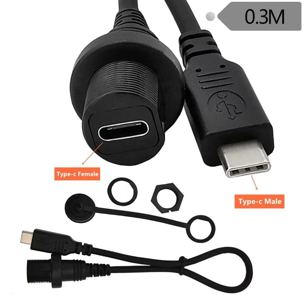 Stock USB3.1 Type-C Male to Female Aux Flush Panel Mount Extension Cable for Car Truck Boat Motorcycle Dashboard