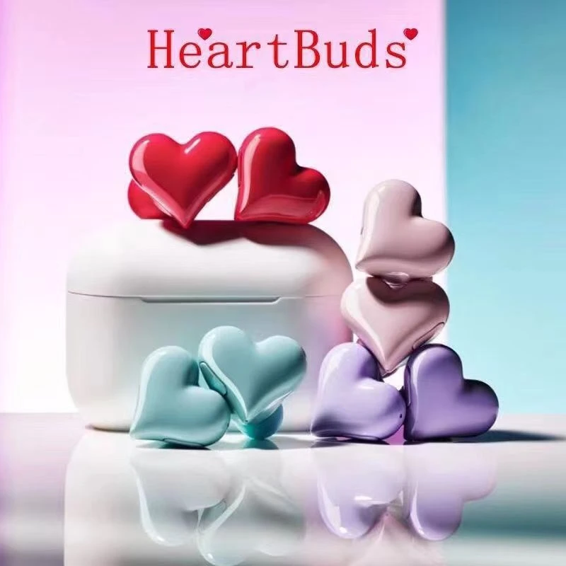 Stylish Heart Shaped Earbuds with LED Charging Case HiFi Stereo Bt in-Ear Headphones Noise Canceling Cute Creative Red Gifts