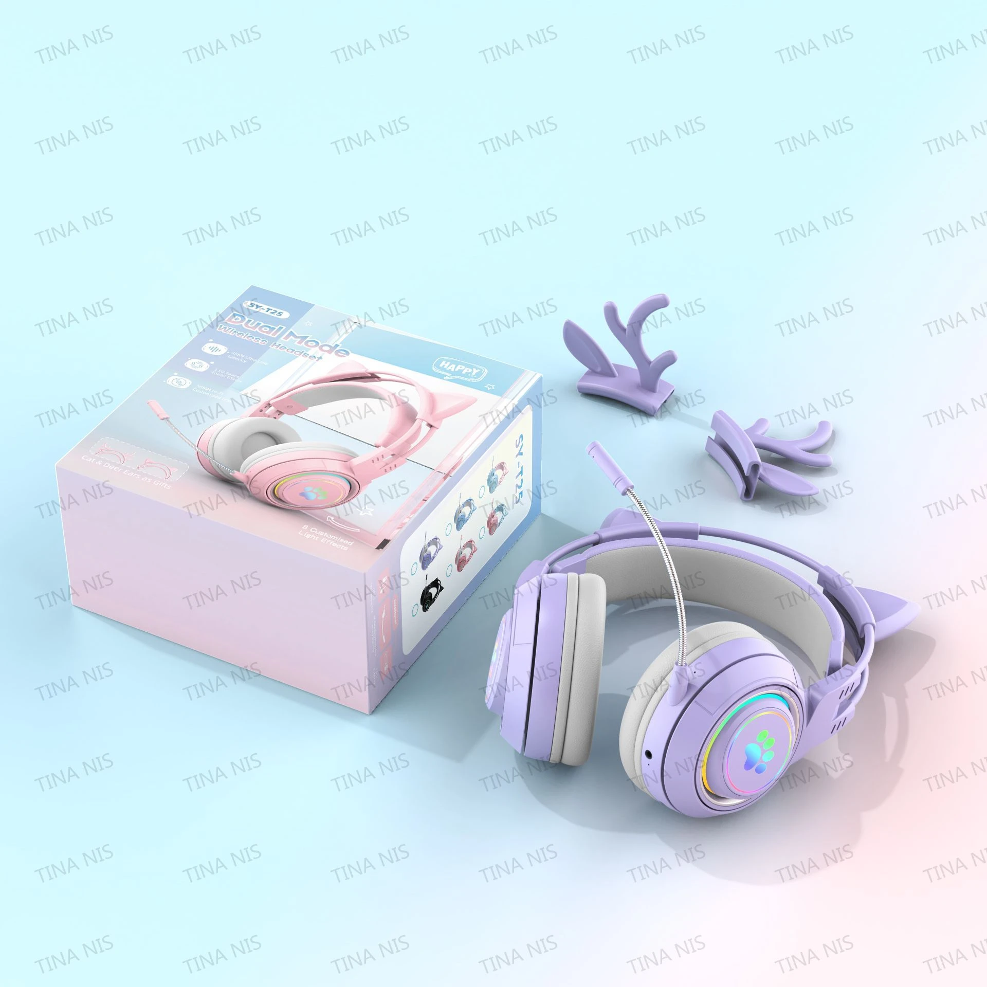 Sy-T25 Factory Wholesale Hot Selling Cat Ear LED Luminous Wireless Bt Headphone Headset Music Auriculare Stereo Sound