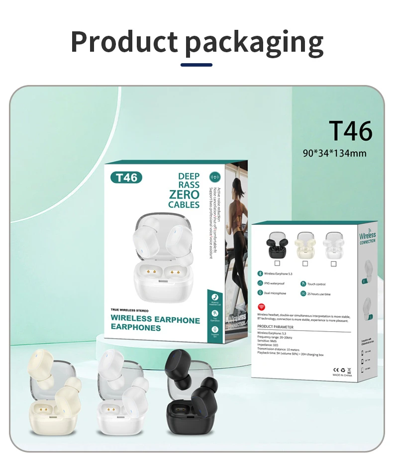 T46 Flat Sleep LED Earbuds Touch Ipx4 Sweatproof Bluetooth Stereo Headset