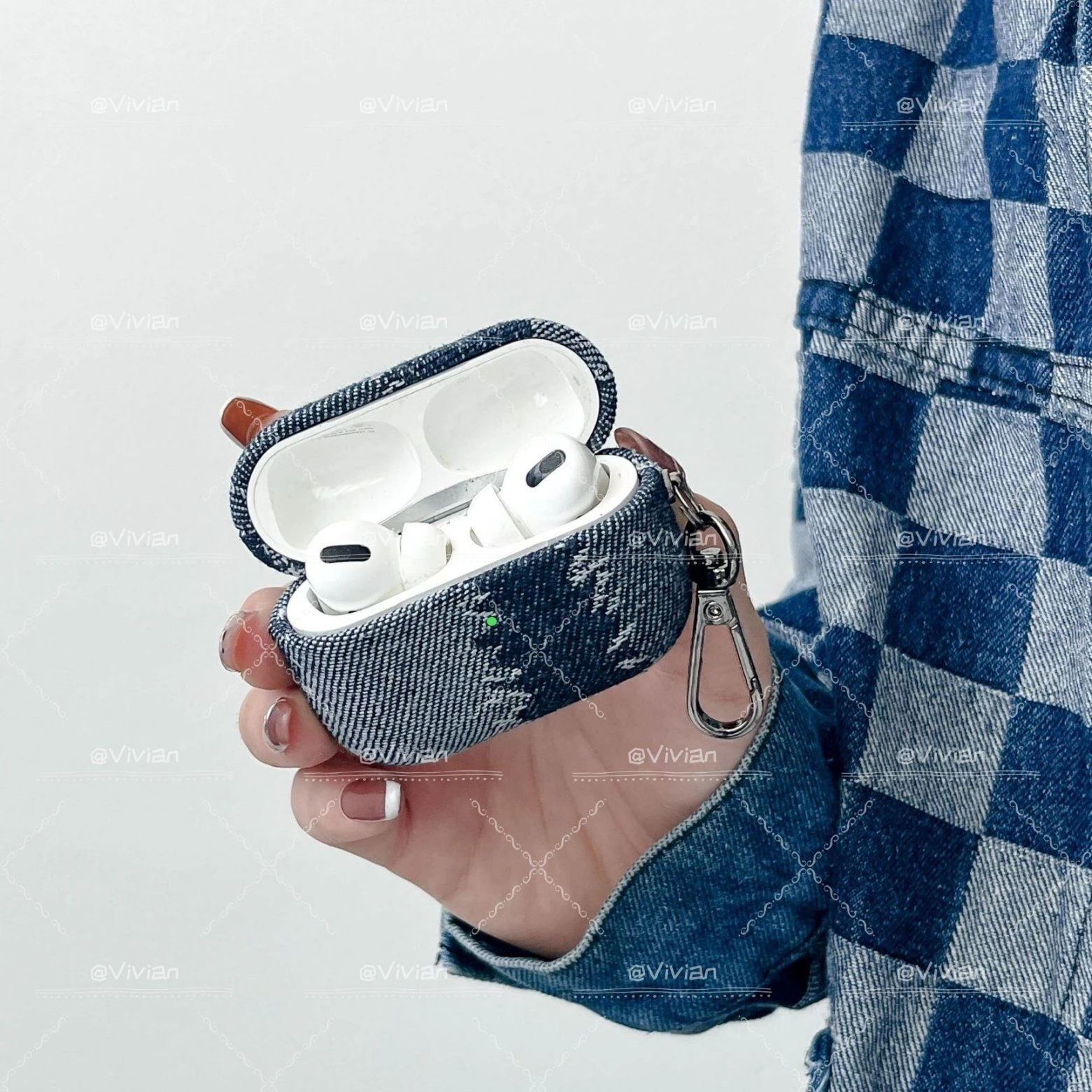 Textured Denim Earbud Case Shockproof with Keychain for Travel