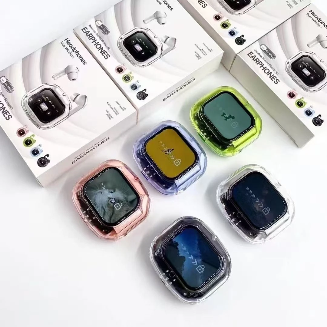 Transparent Design Tws Air Max Game Earbuds High Quality LCD Touch Screen Wireless in-Ear Earphones with Jl Chipset
