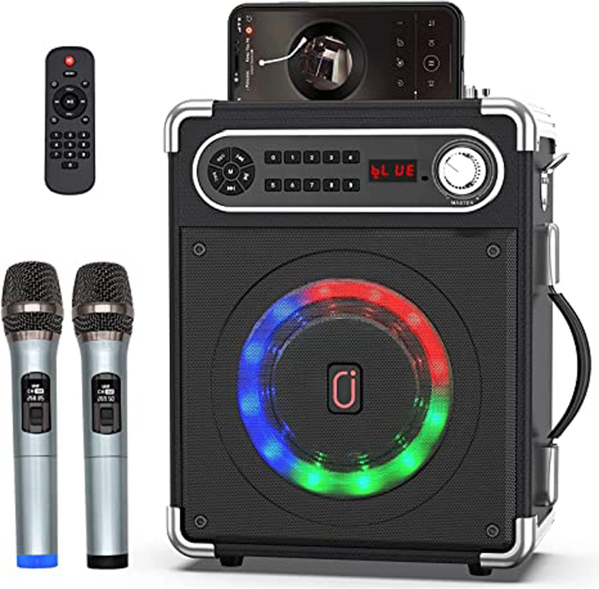 Two Wireless Microphonesportable Bluetooth Speaker with Bass Treble Adjustment Karaoke Machine